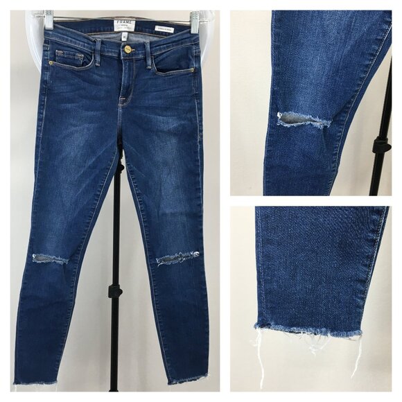 FRAME Columbia Road Slits Distressed Fray Hem Le Skinny De Jeanne Jeans - Picture 1 of 13
